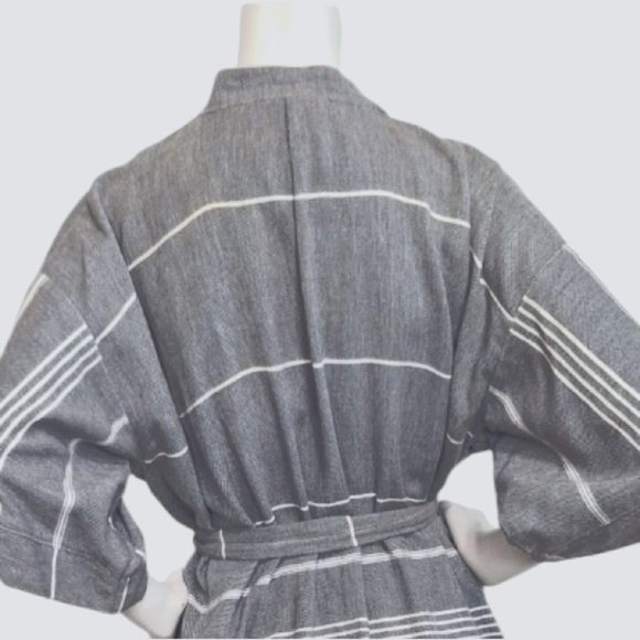 Gray Bohemian Coastal Striped Fringe Hem Belted Kimono Cardigan Size L - Picture 6 of 9